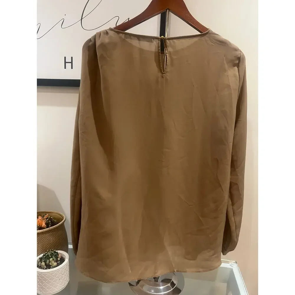 Sheer tan blouse with gold buttons and shoulder detail - Picture 6 of 9
